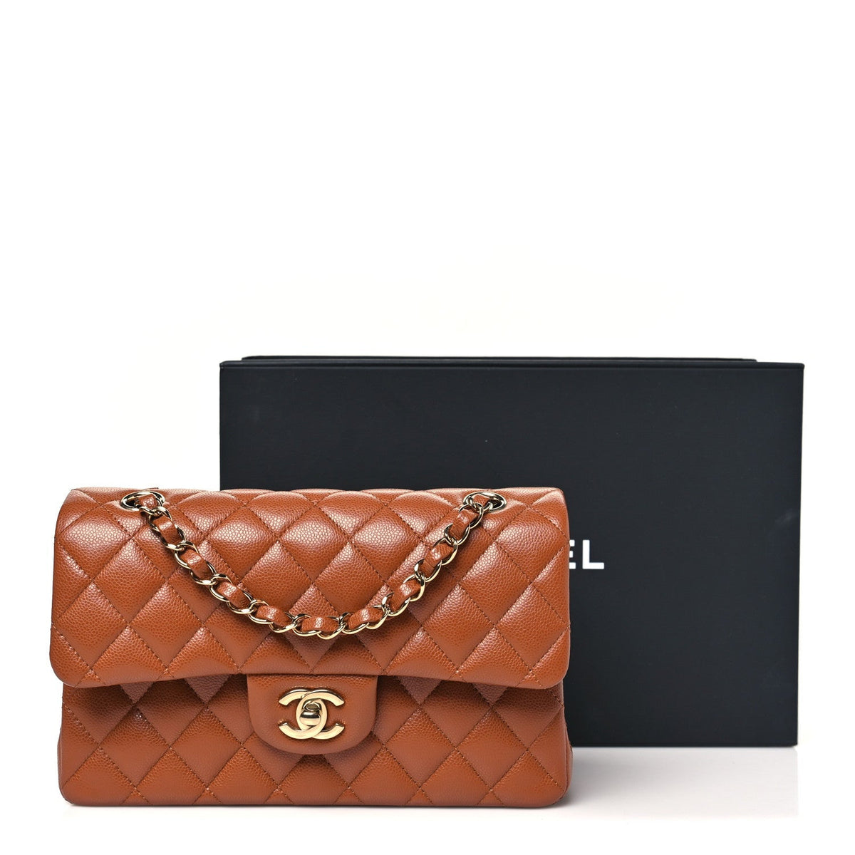 Caviar Quilted Small Double Flap Light Brown