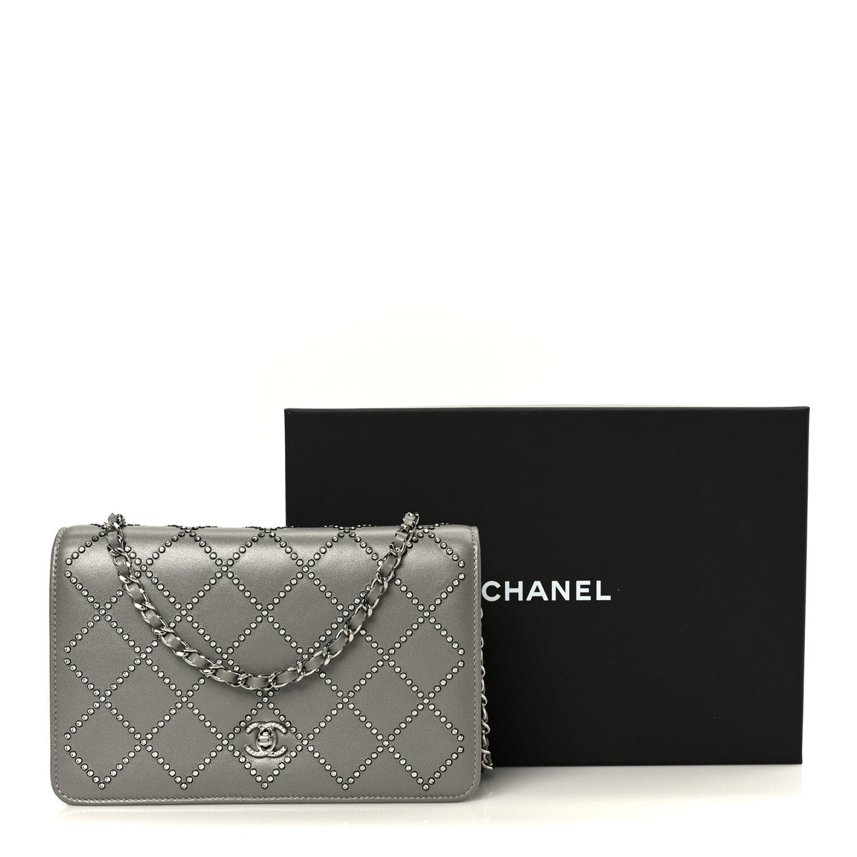 Lambskin Crystal Quilted Wallet On Chain WOC Grey