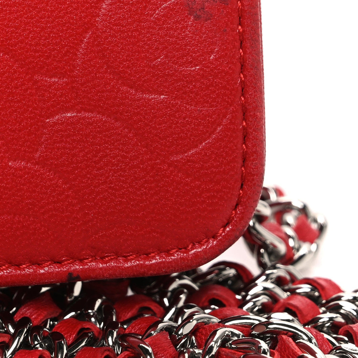 Lambskin Camellia Embossed Wallet on Chain WOC Red