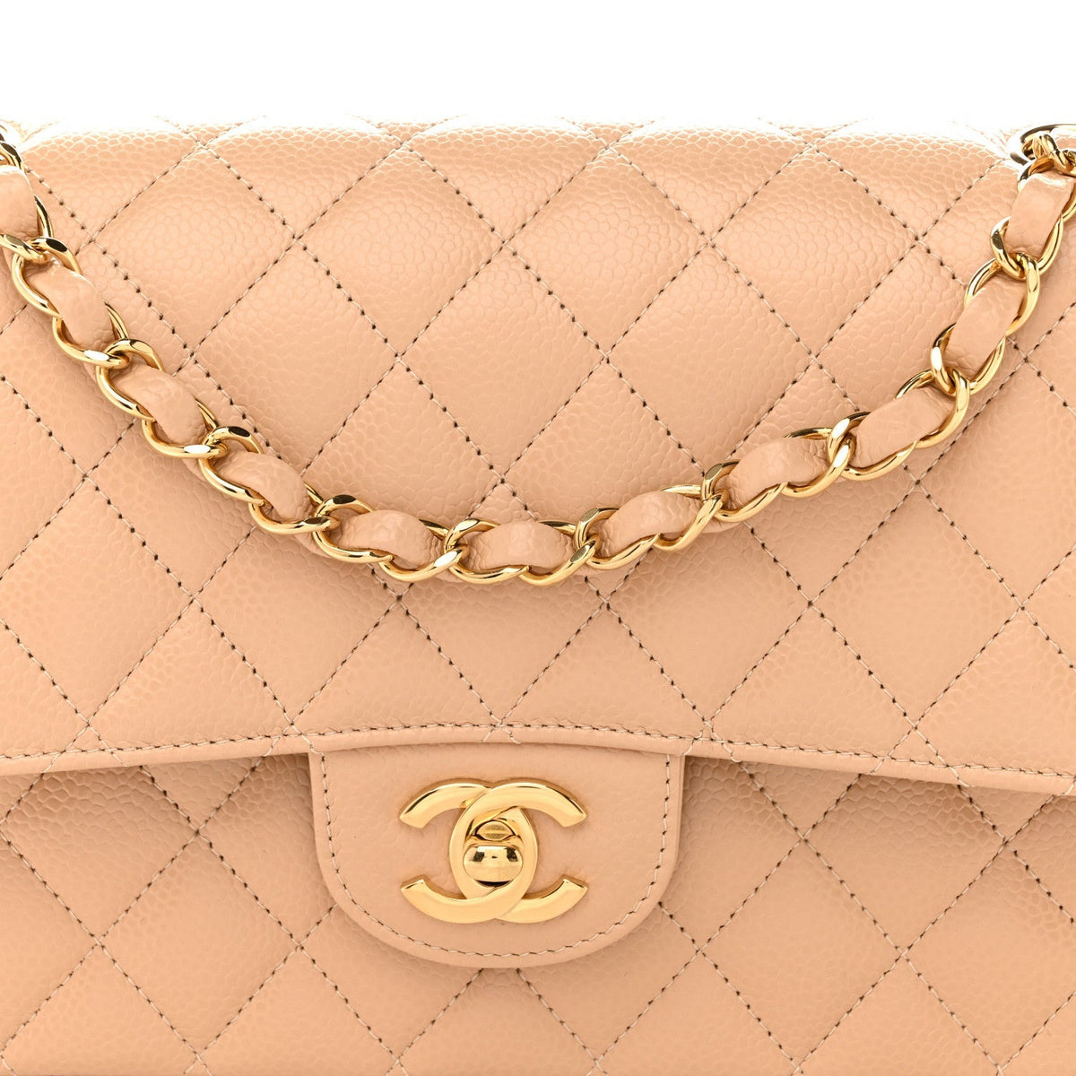 Caviar Quilted Medium Double Flap Beige
