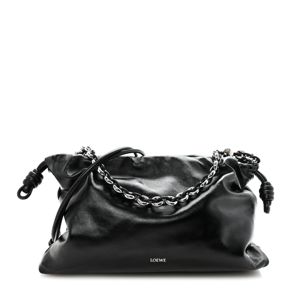 Patent Lambskin Donut Chain Large Flamenco Knot Clutch Black