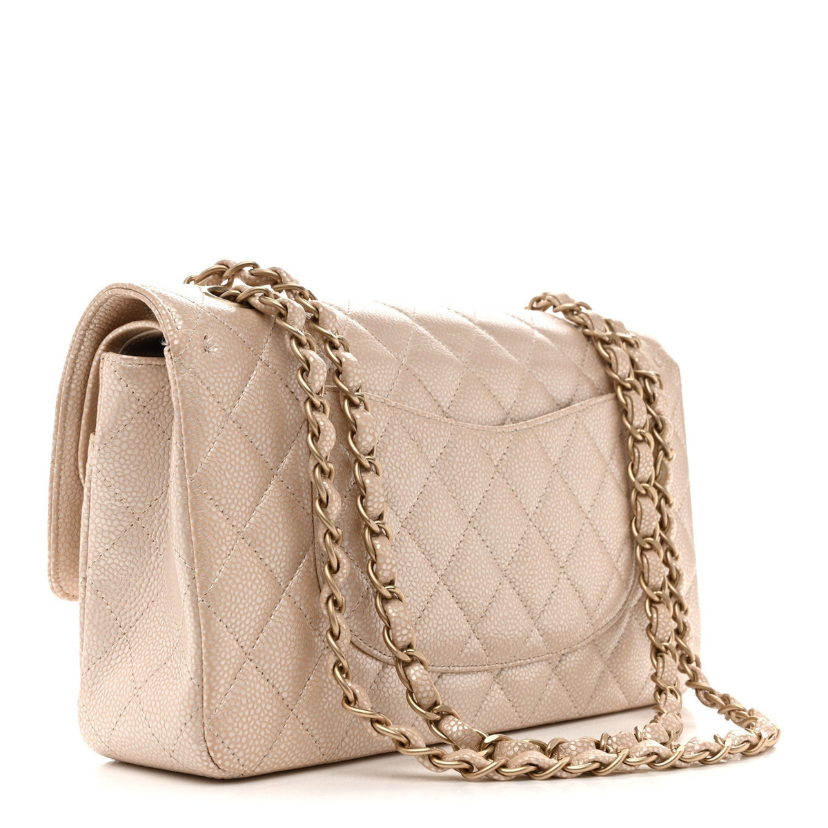 Pearly Caviar Quilted Medium Double Flap Light Beige