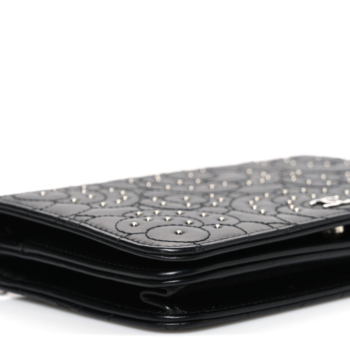 Lambskin Camellia Studded Wallet on Chain WOC Black