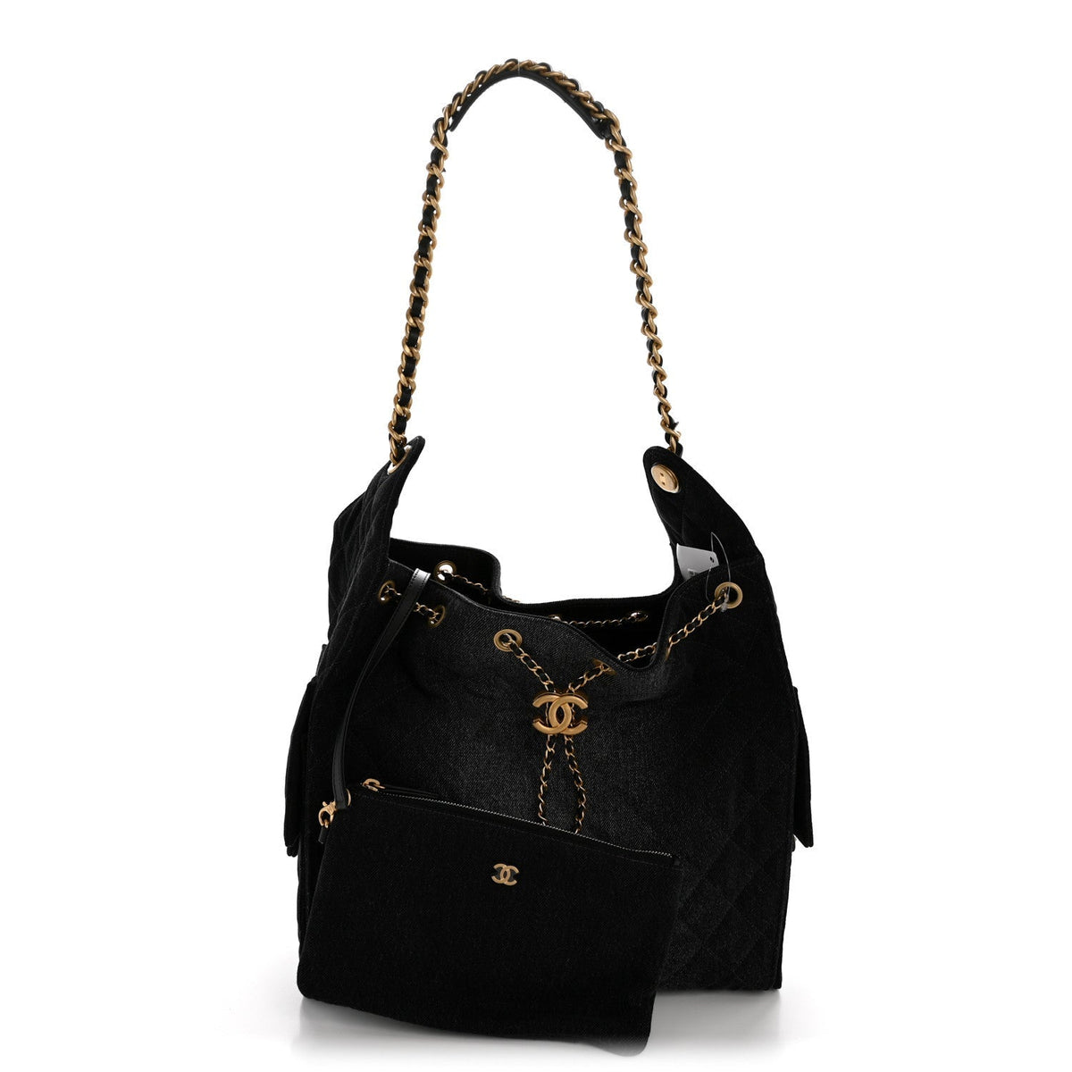 Washed Denim Quilted Medium Chanel 25 Handbag Black