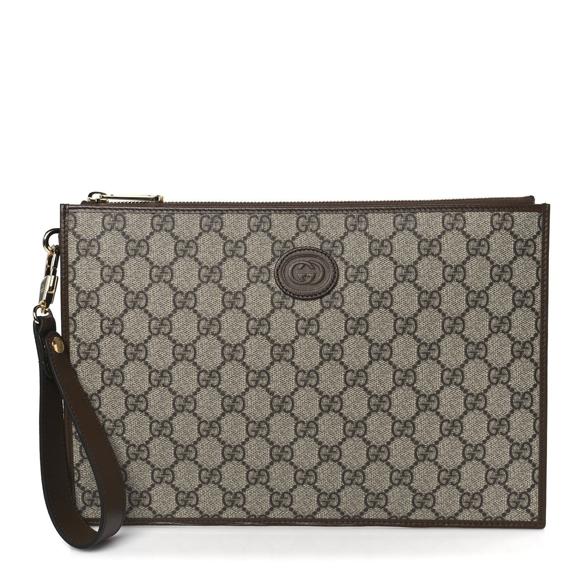 GG Supreme Monogram Azalea Calfskin Retro Interlocking G Wristlet Pouch Beige Ebony Brown Sugar