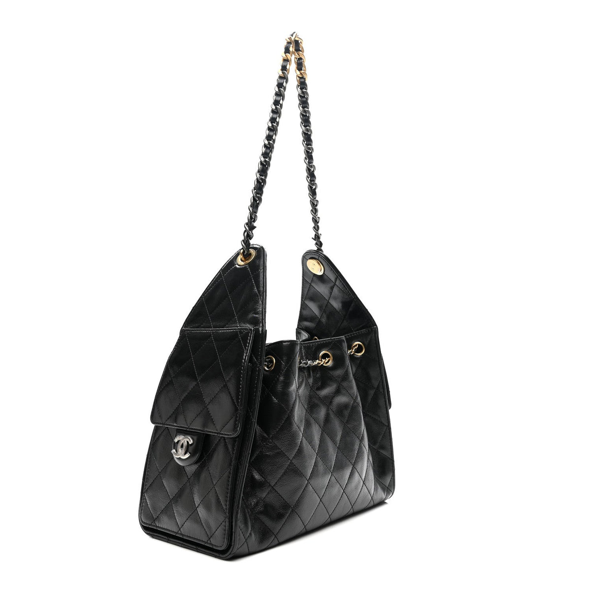 Shiny Crumpled Calfskin Quilted Small Chanel 25 Handbag Black
