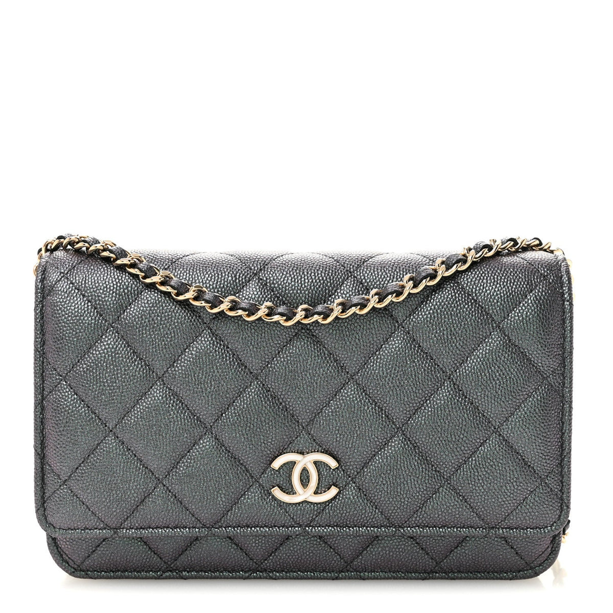 Iridescent Caviar Quilted Wallet On Chain WOC Green