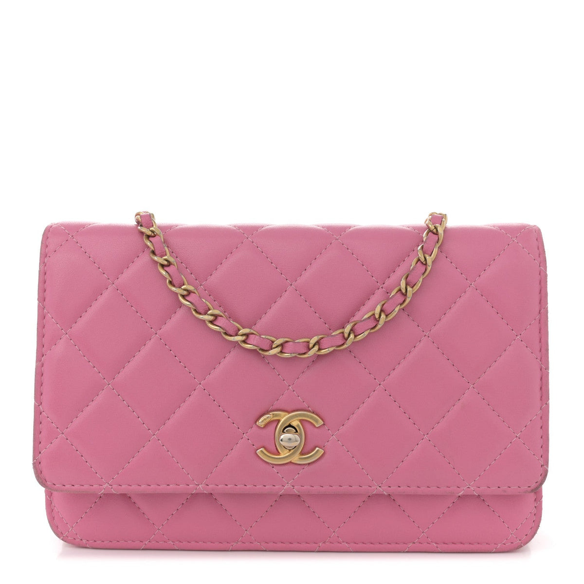 Lambskin Quilted CC Pearl Crush Wallet on Chain WOC Pink