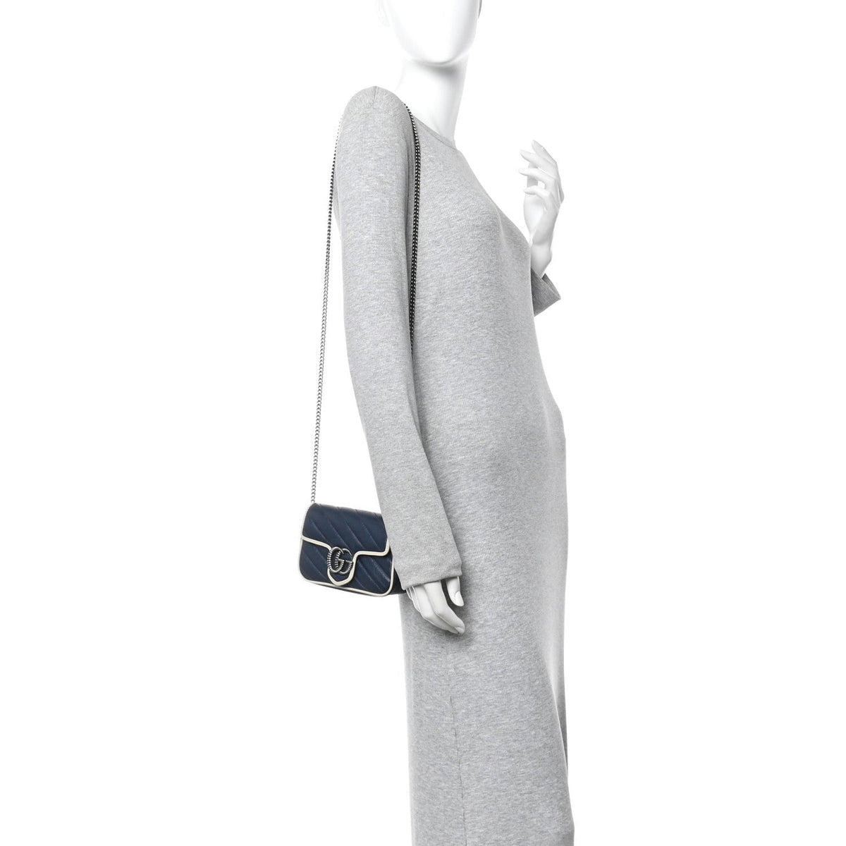 Vintage Effect Calfskin Matelasse Diagonal Super Mini Torchon GG Marmont Shoulder Bag Blue Agata Mystic White