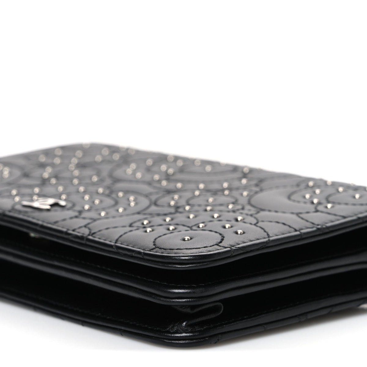 Lambskin Camellia Studded Wallet on Chain WOC Black