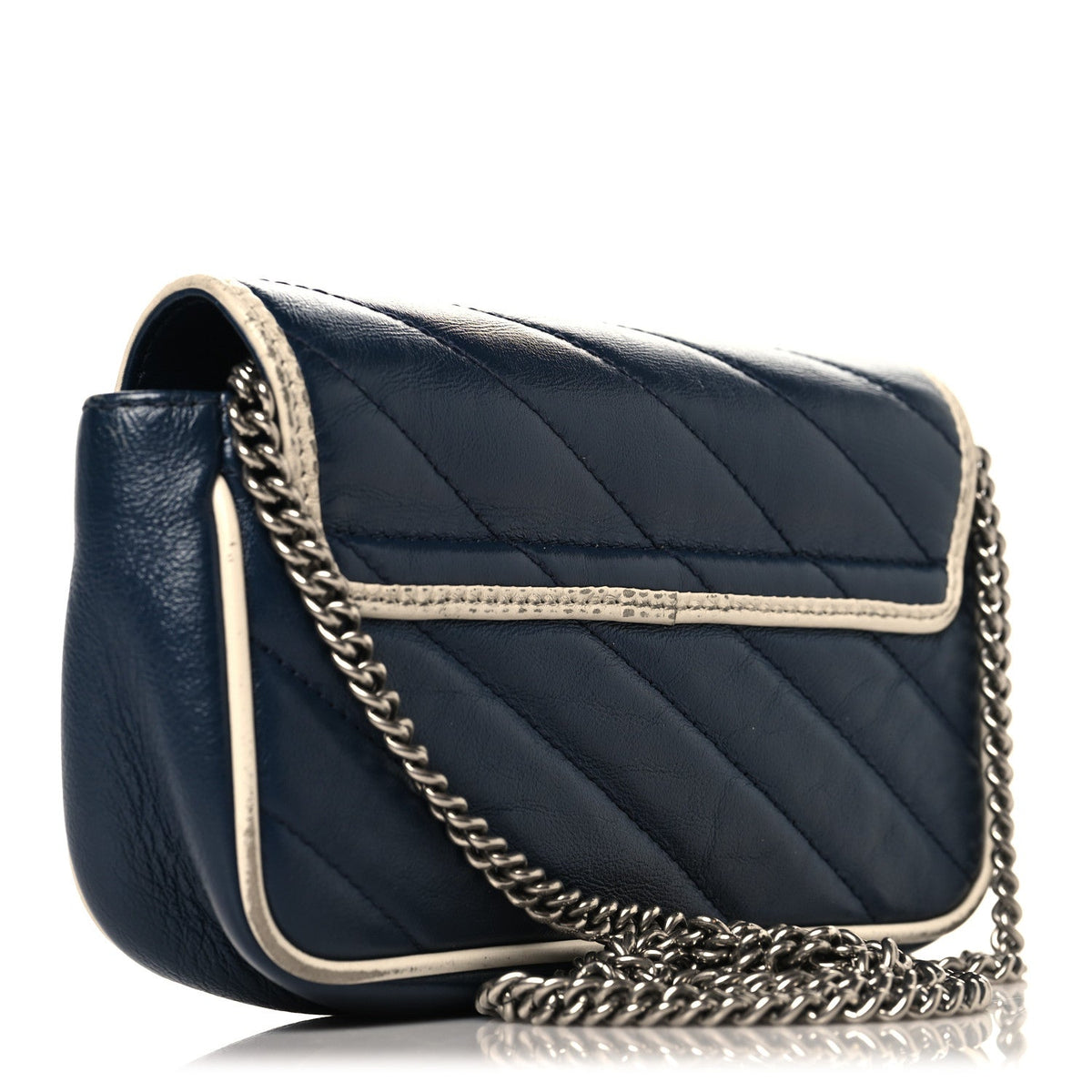Vintage Effect Calfskin Matelasse Diagonal Super Mini Torchon GG Marmont Shoulder Bag Blue Agata Mystic White