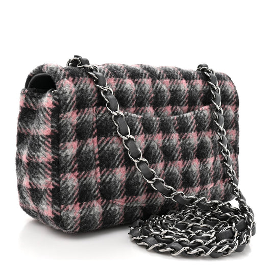 Wool Plaid Quilted Mini Rectangular Flap Pink Grey Multicolor