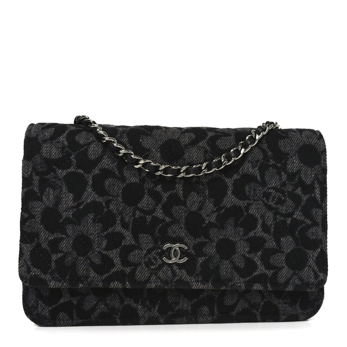 Printed Denim Quilted Flower Wallet On Chain WOC Black
