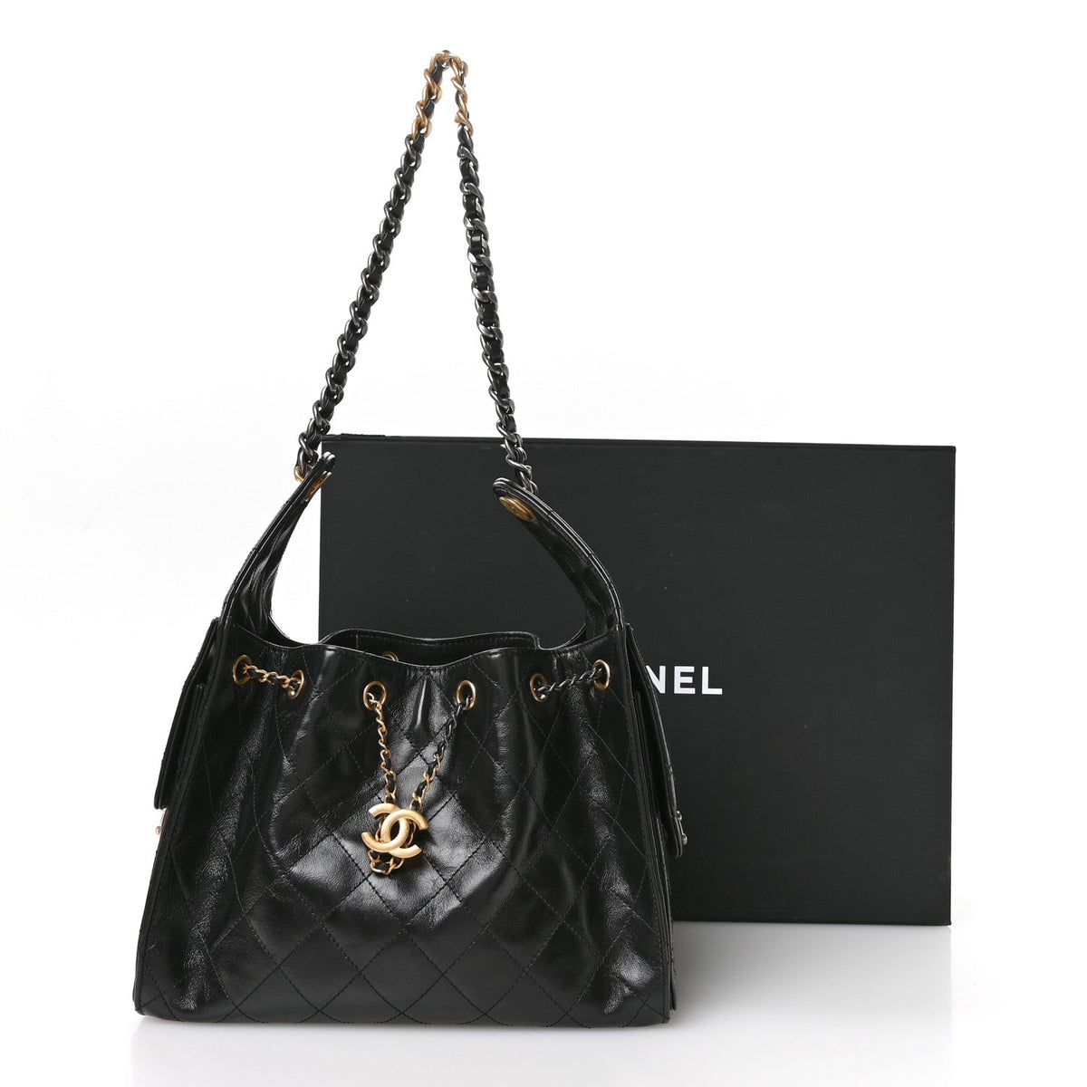 Shiny Crumpled Calfskin Quilted Small Chanel 25 Handbag Black