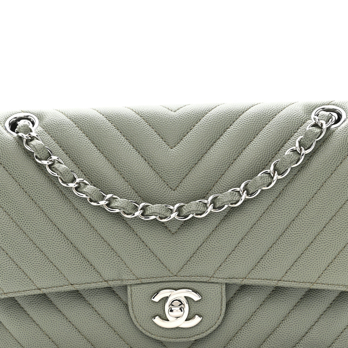 Caviar Chevron Quilted Medium Double Flap  Green