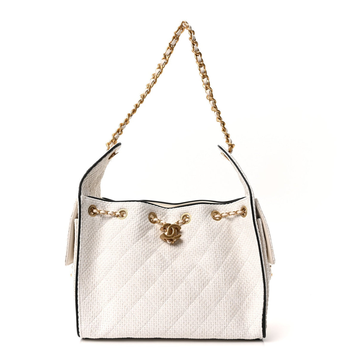 Braided Raffia Calfskin Quilted Small Chanel 25 Handbag White Black