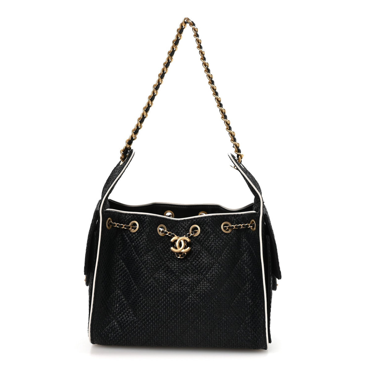 Braided Raffia Calfskin Small Chanel 25 Handbag Black White