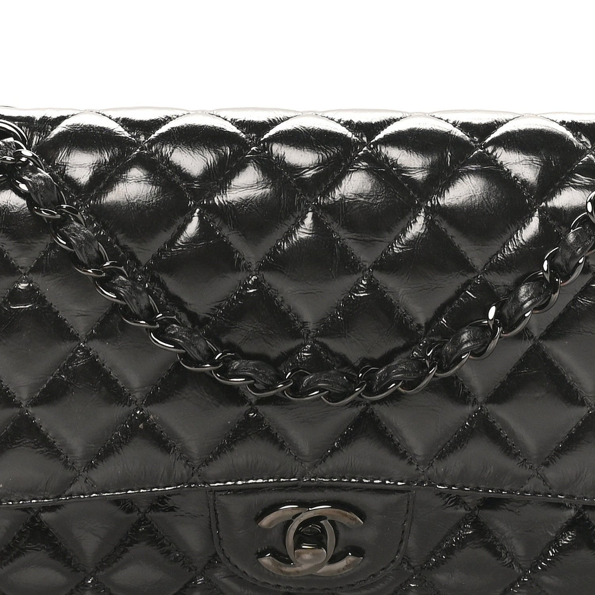 Shiny Crumpled Calfskin Quilted Medium Double Flap So Black