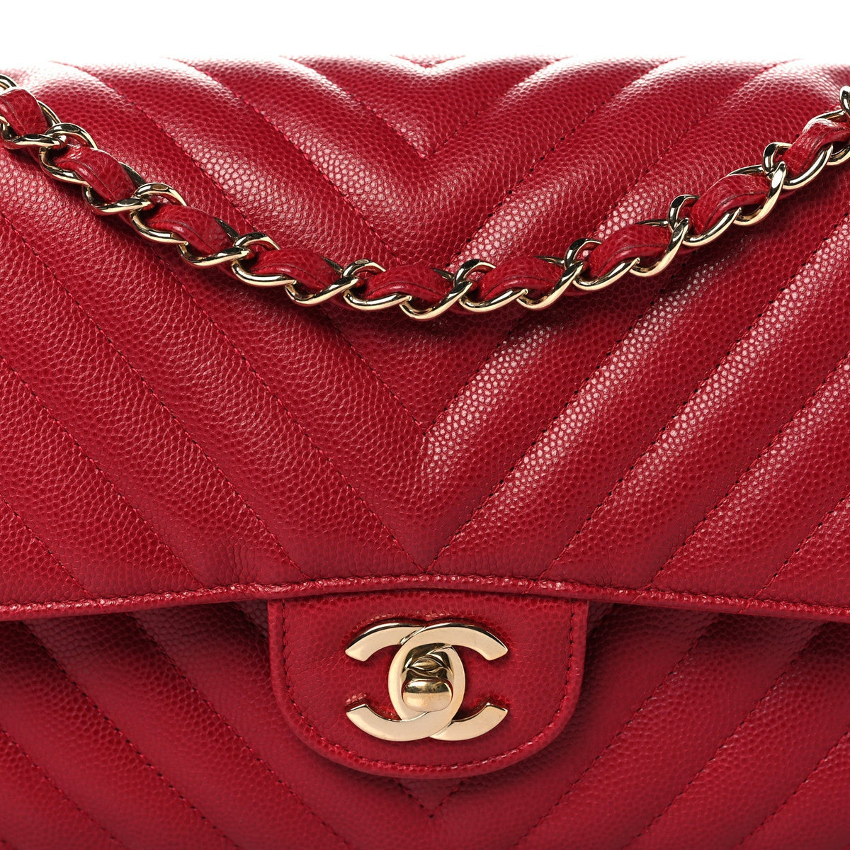 Caviar Chevron Quilted Medium Double Flap Red
