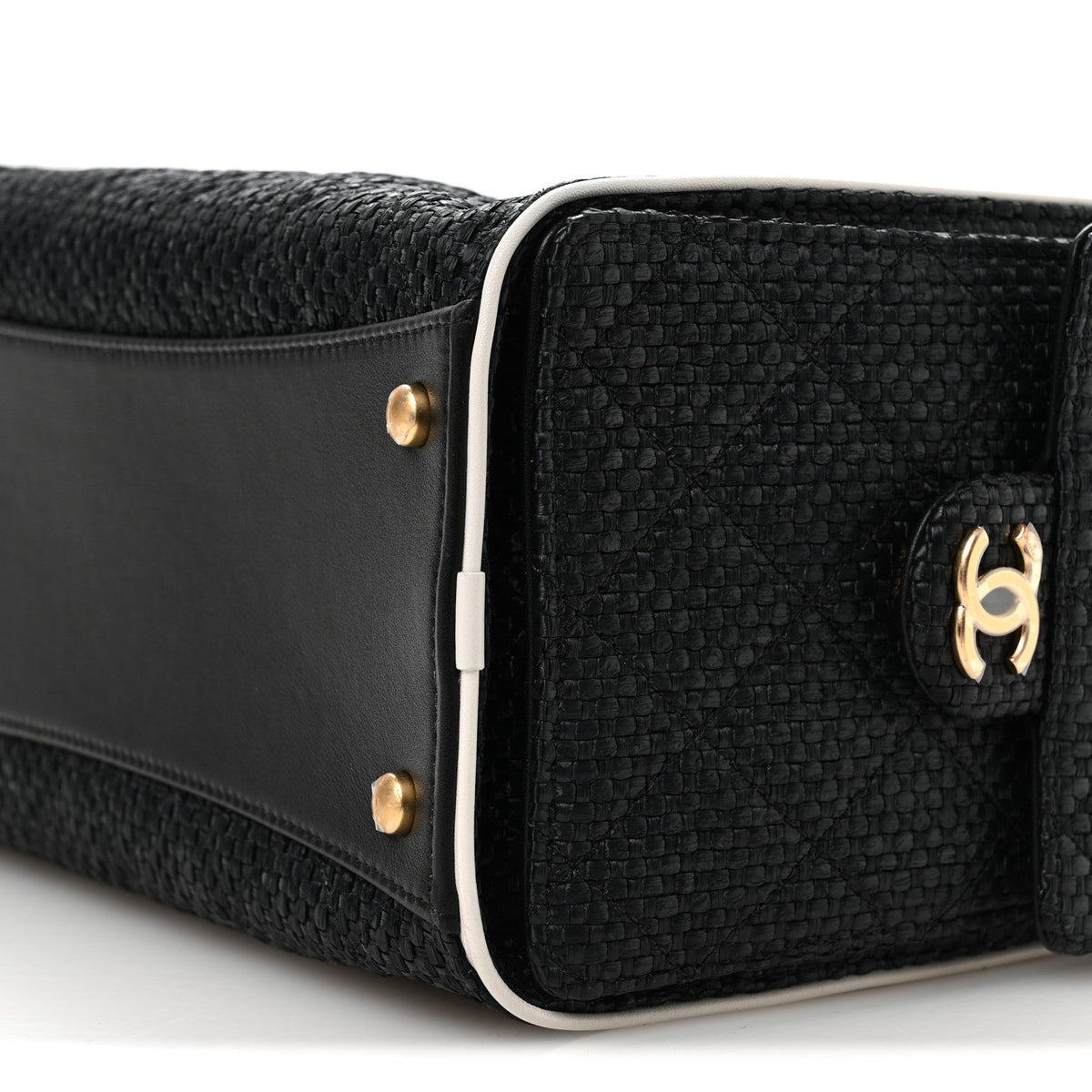 Braided Raffia Calfskin Small Chanel 25 Handbag Black White