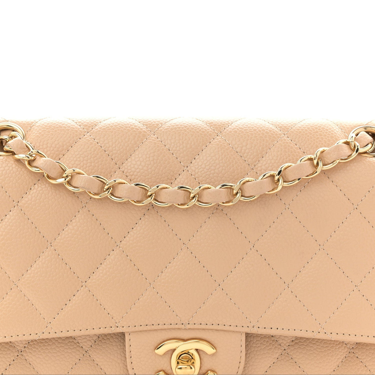 Caviar Quilted Medium Double Flap Beige