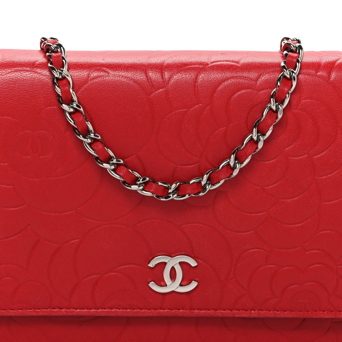 Lambskin Camellia Embossed Wallet on Chain WOC Red