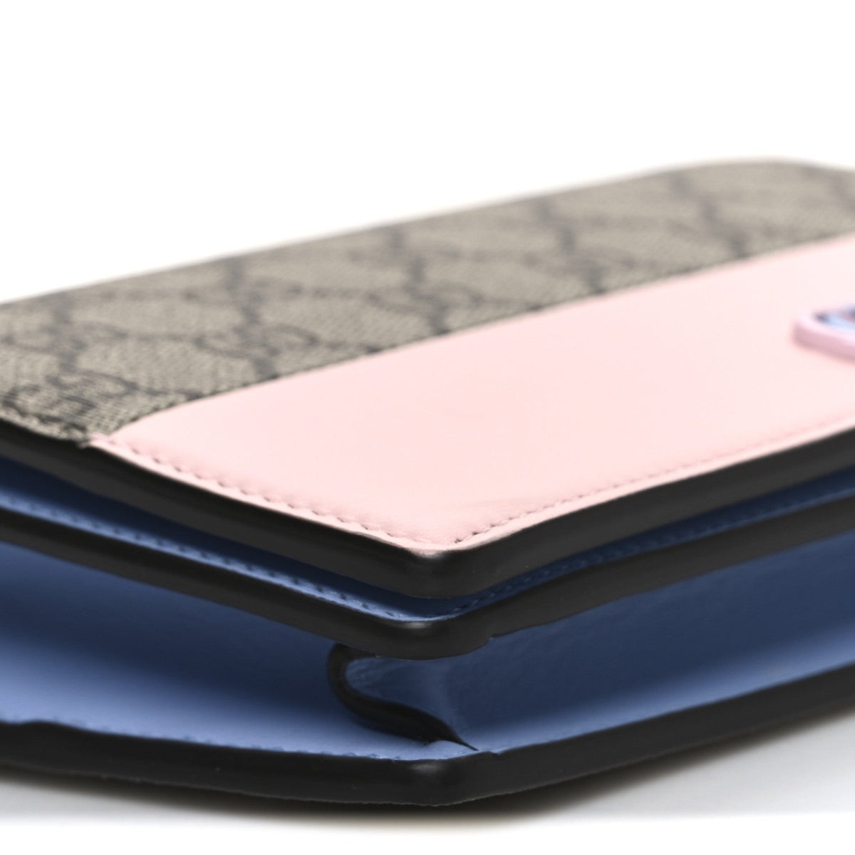 GG Supreme Monogram Textured Dollar Calfskin Mini GG Marmont Chain Wallet Light Pink Blue Beige