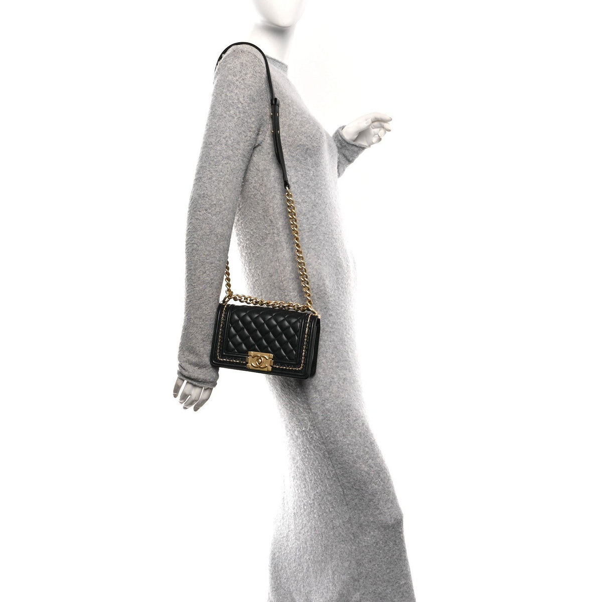 Lambskin Quilted Small Chain Detail Boy Flap Black