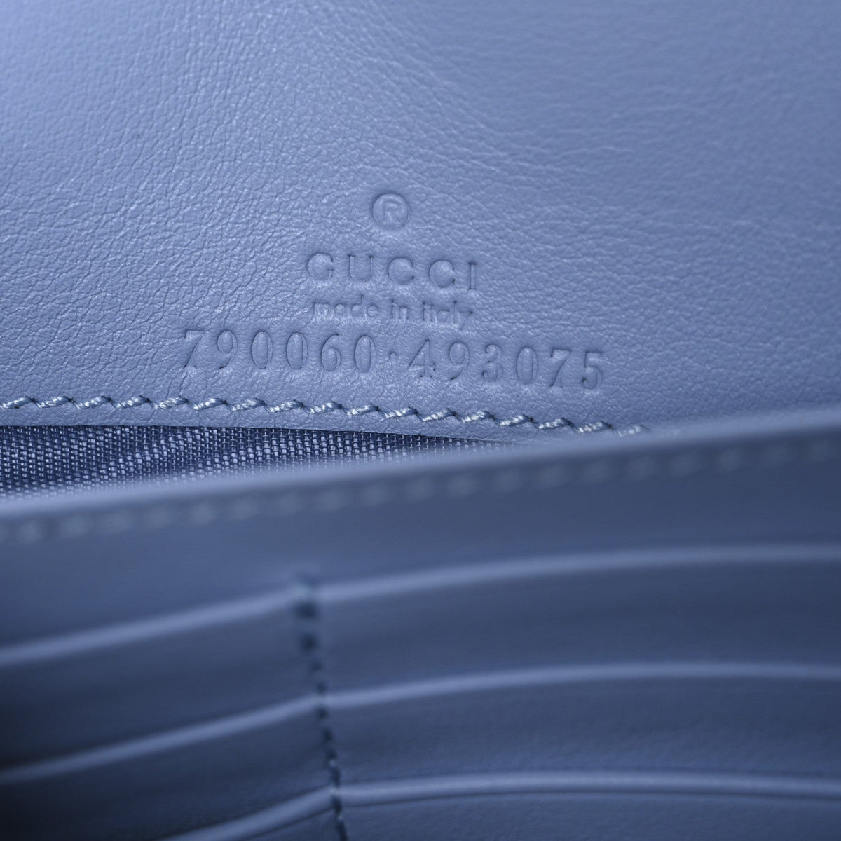 GG Supreme Monogram Textured Dollar Calfskin Mini GG Marmont Chain Wallet Light Pink Blue Beige