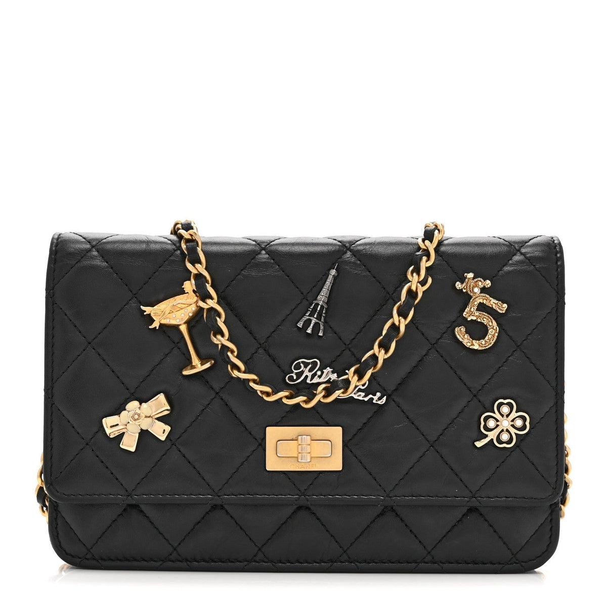 Aged Calfskin Quilted Lucky Charms 2.55 Reissue Wallet On Chain WOC Black