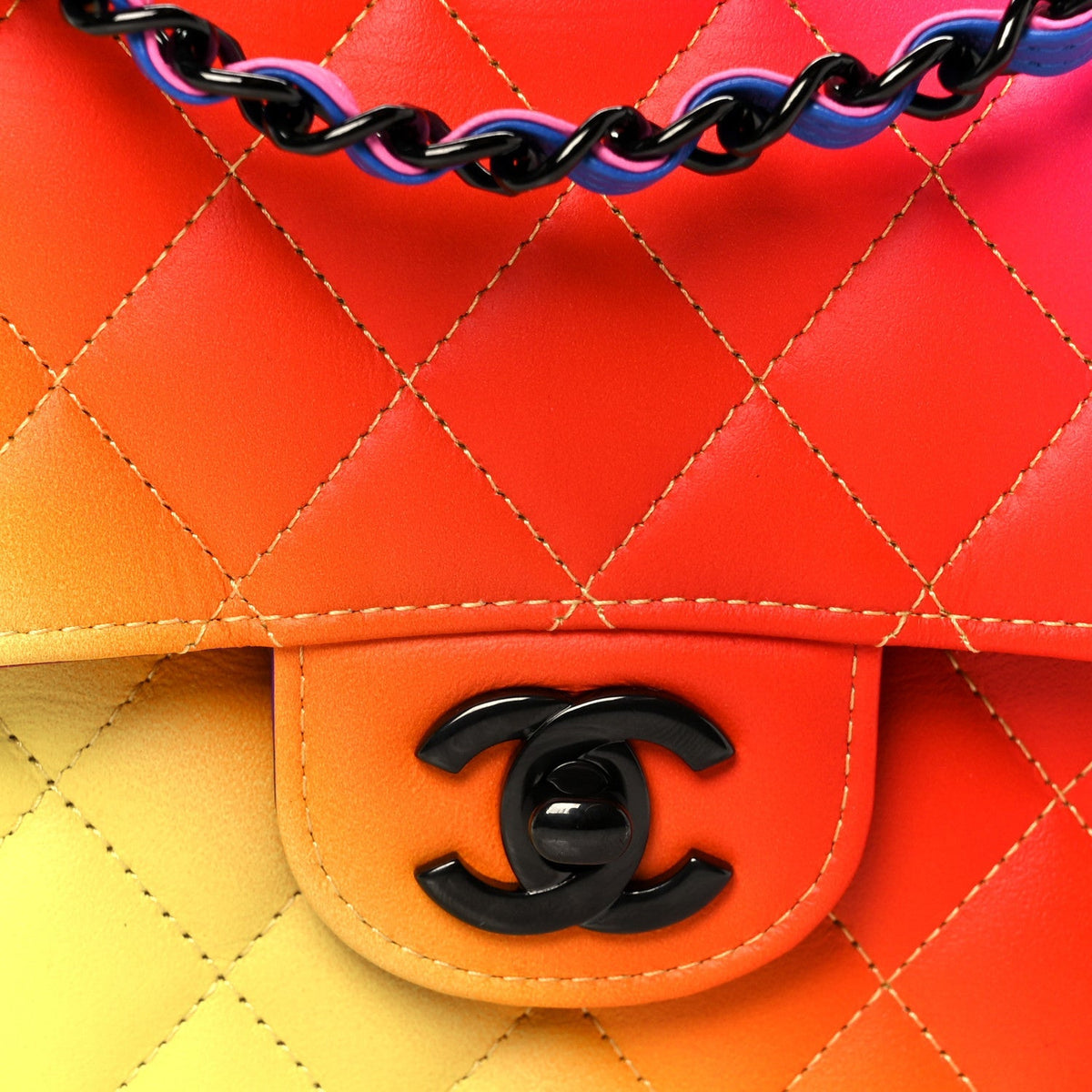 Calfskin Quilted Medium Rainbow Double Flap Multicolor