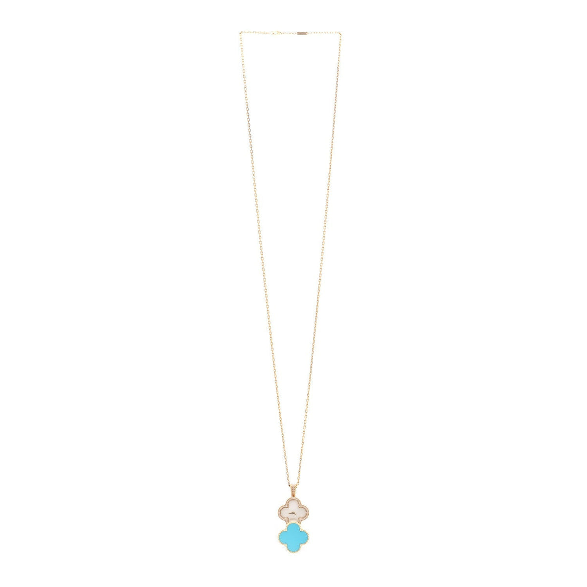 18K Yellow Gold Diamond Turquoise Mother of Pearl 28mm Alhambra Secret Pendant Quartz Watch