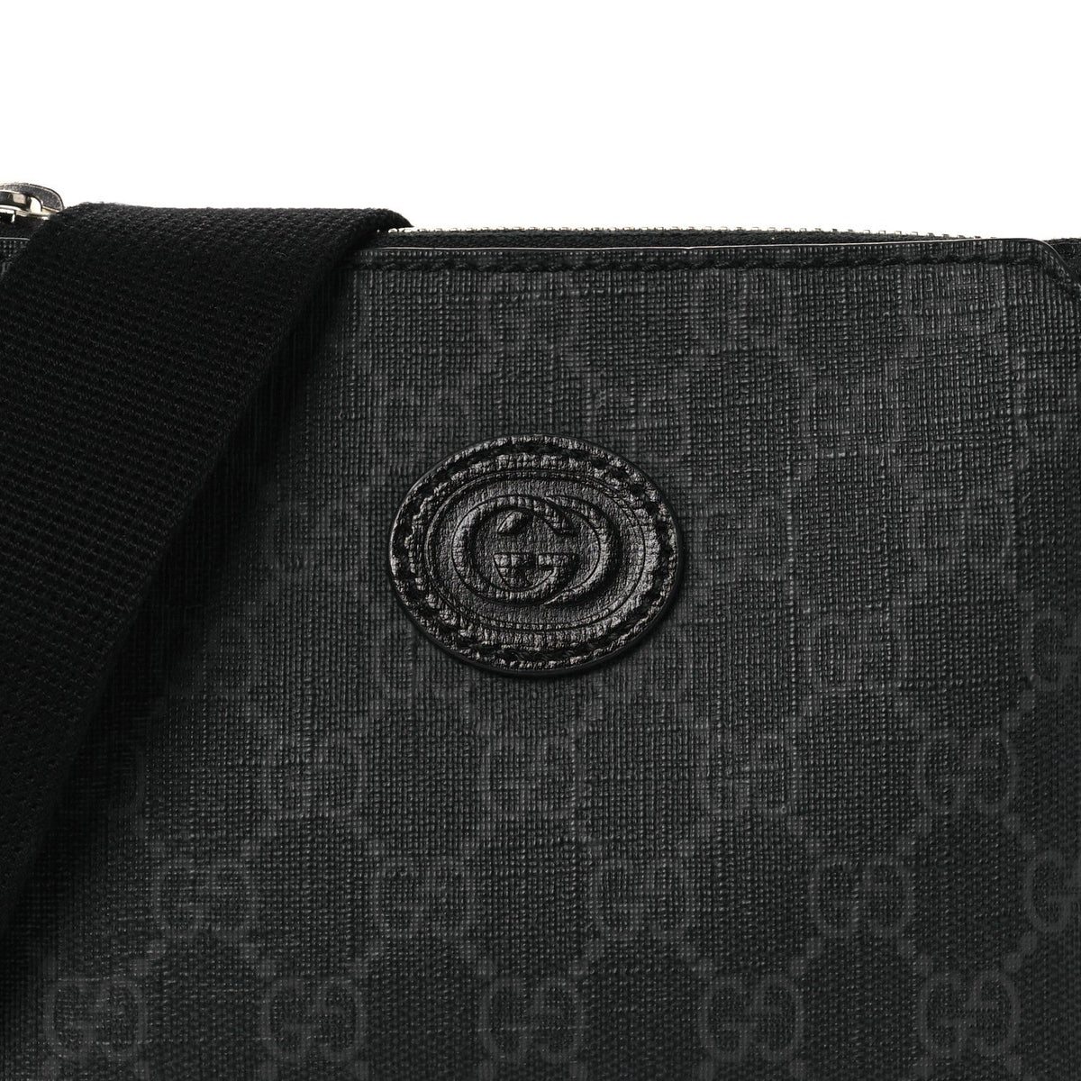 GG Supreme Monogram Azalea Calfskin Small Retro Interlocking G Wristlet Messenger Bag Black