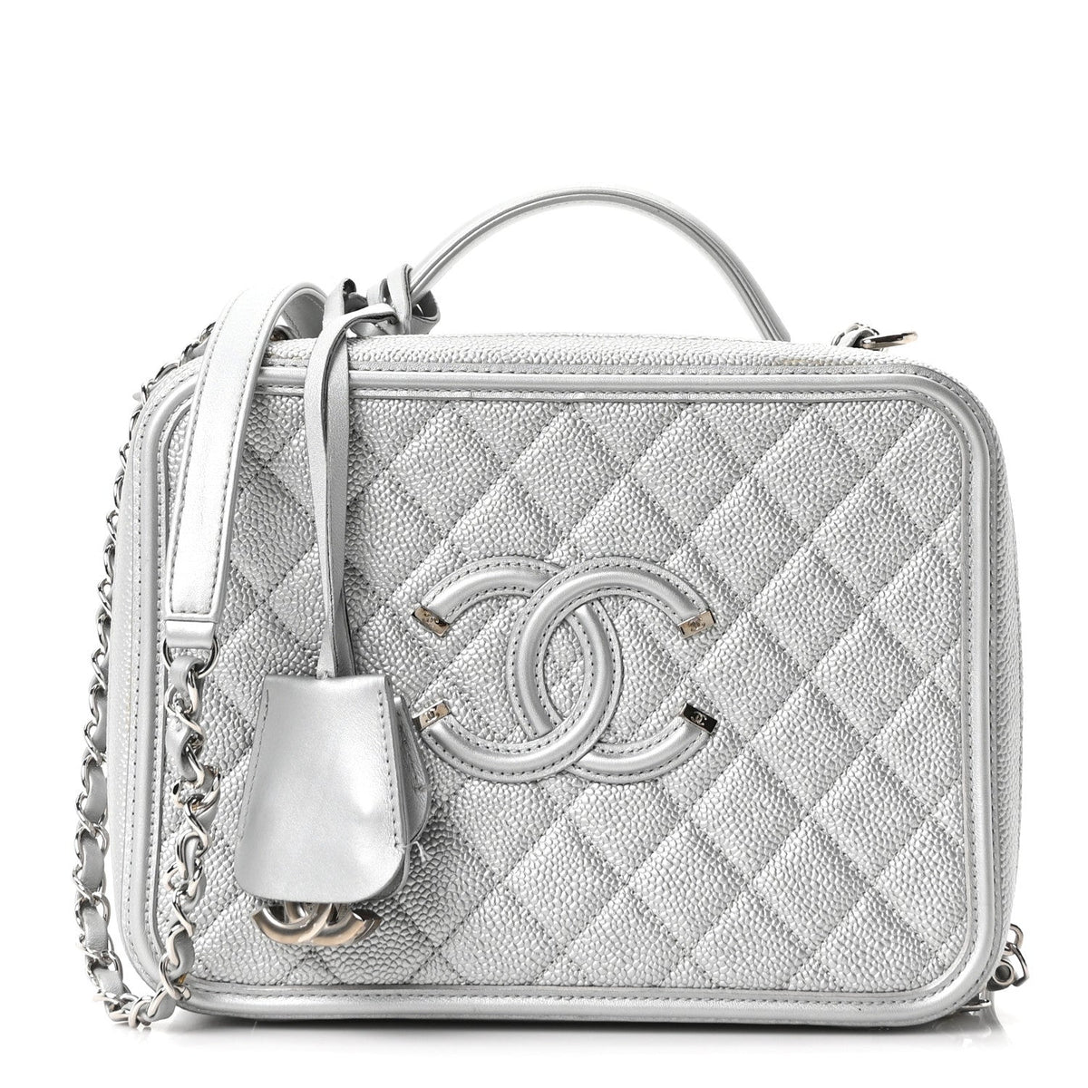 Metallic Caviar Quilted Large CC Filigree Vanity Case Silver