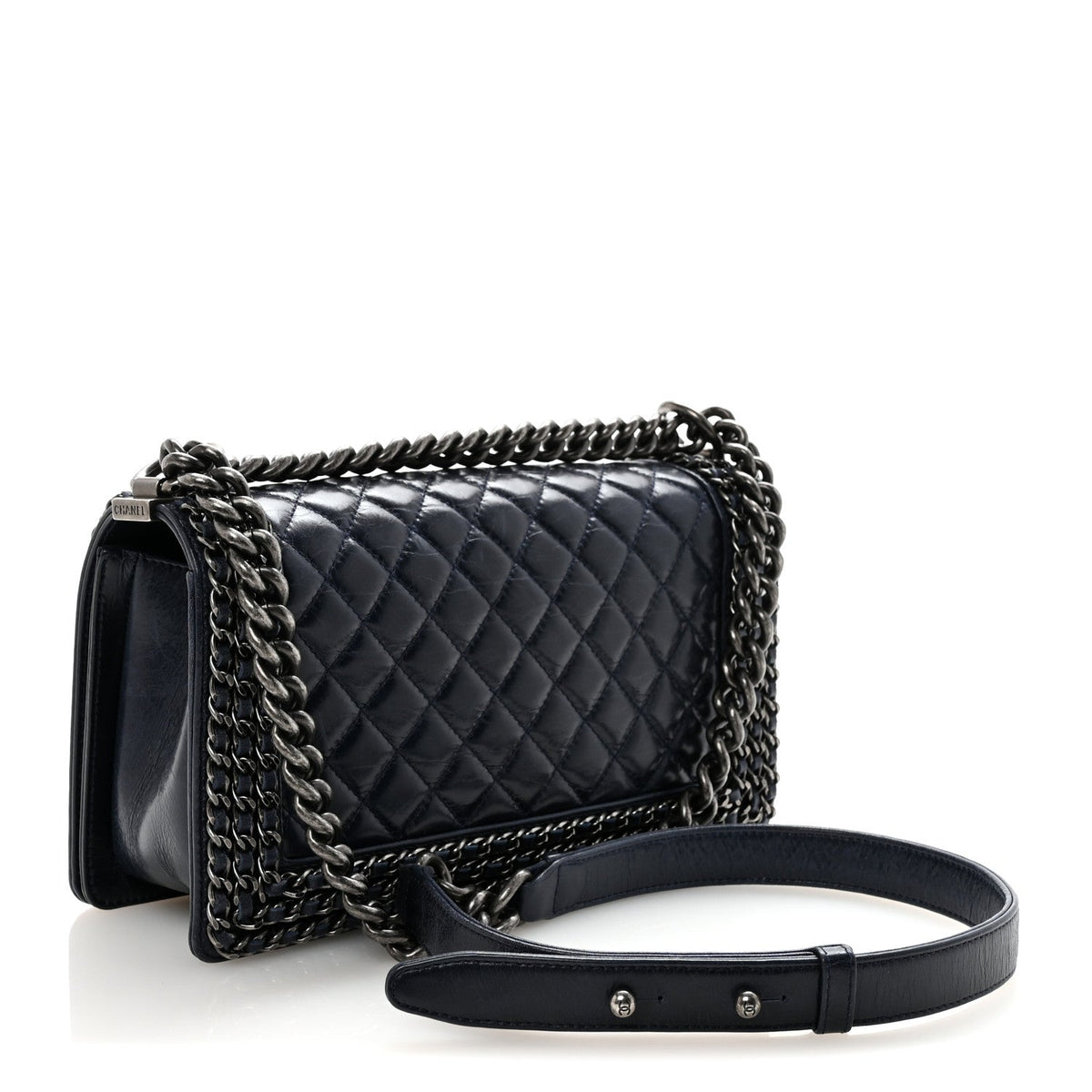 Glazed Calfskin Quilted Medium Boy Chained Flap Blue