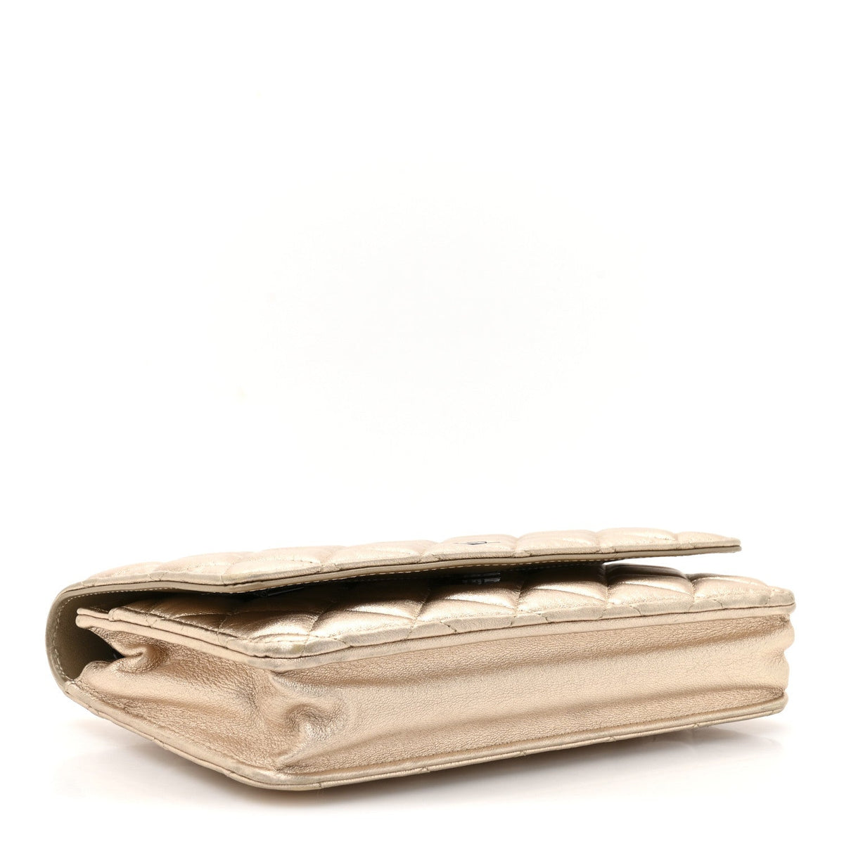 Metallic Lambskin Quilted Wallet On Chain WOC Gold Black
