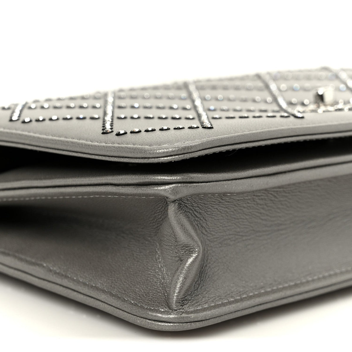 Lambskin Crystal Quilted Wallet On Chain WOC Grey