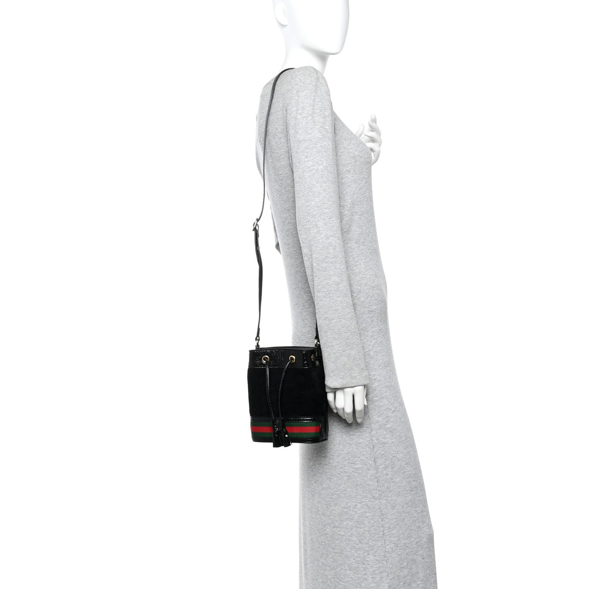 Suede Patent Web Mini Ophidia Bucket Bag Black