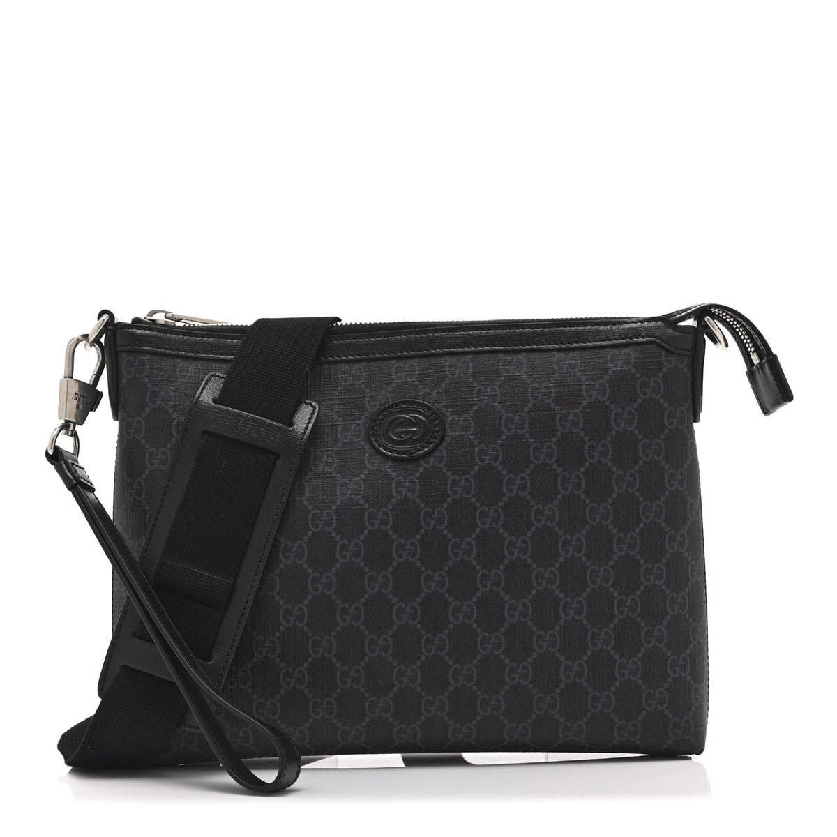 GG Supreme Monogram Azalea Calfskin Retro Interlocking G Wristlet Messenger Bag Black