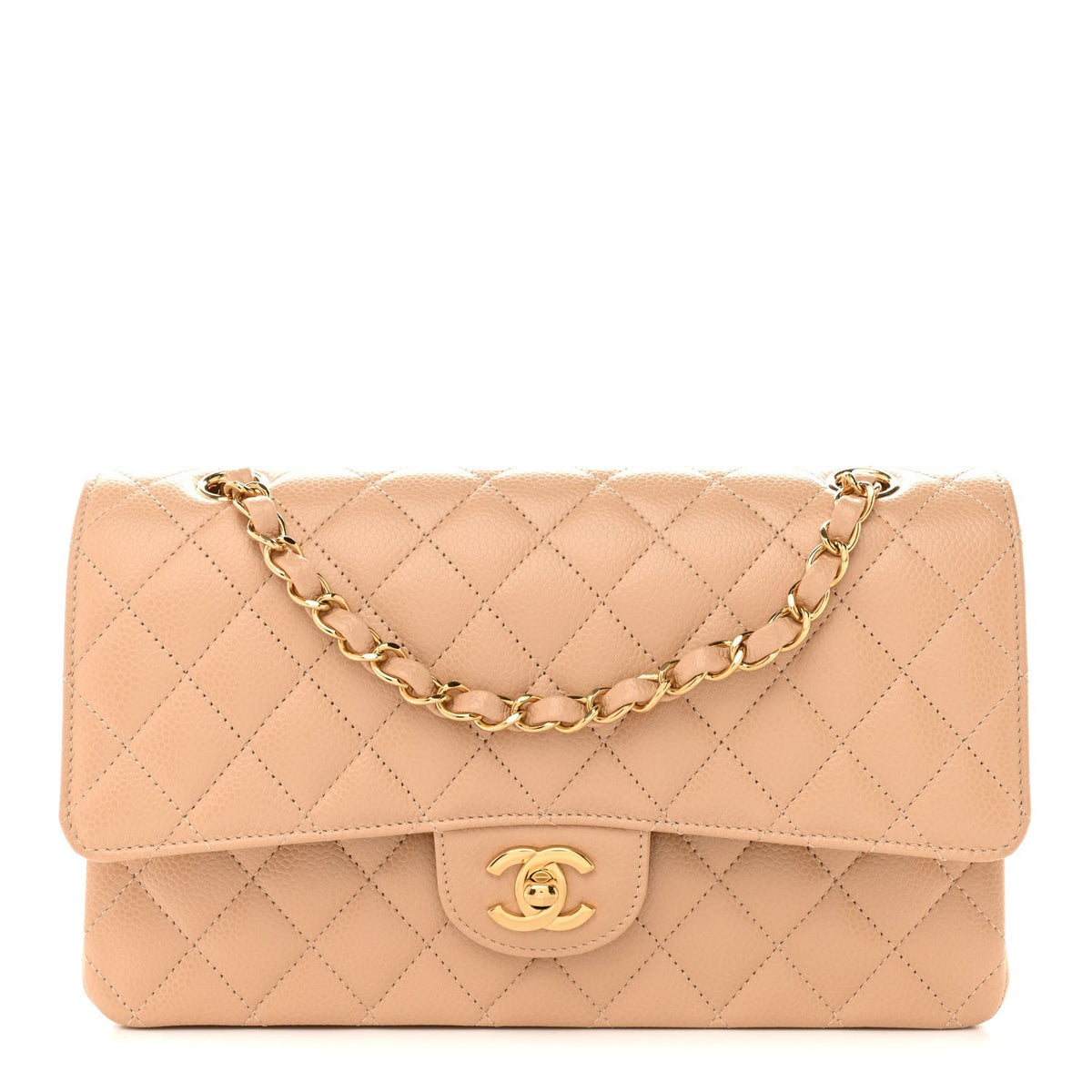 Caviar Quilted Medium Double Flap Beige