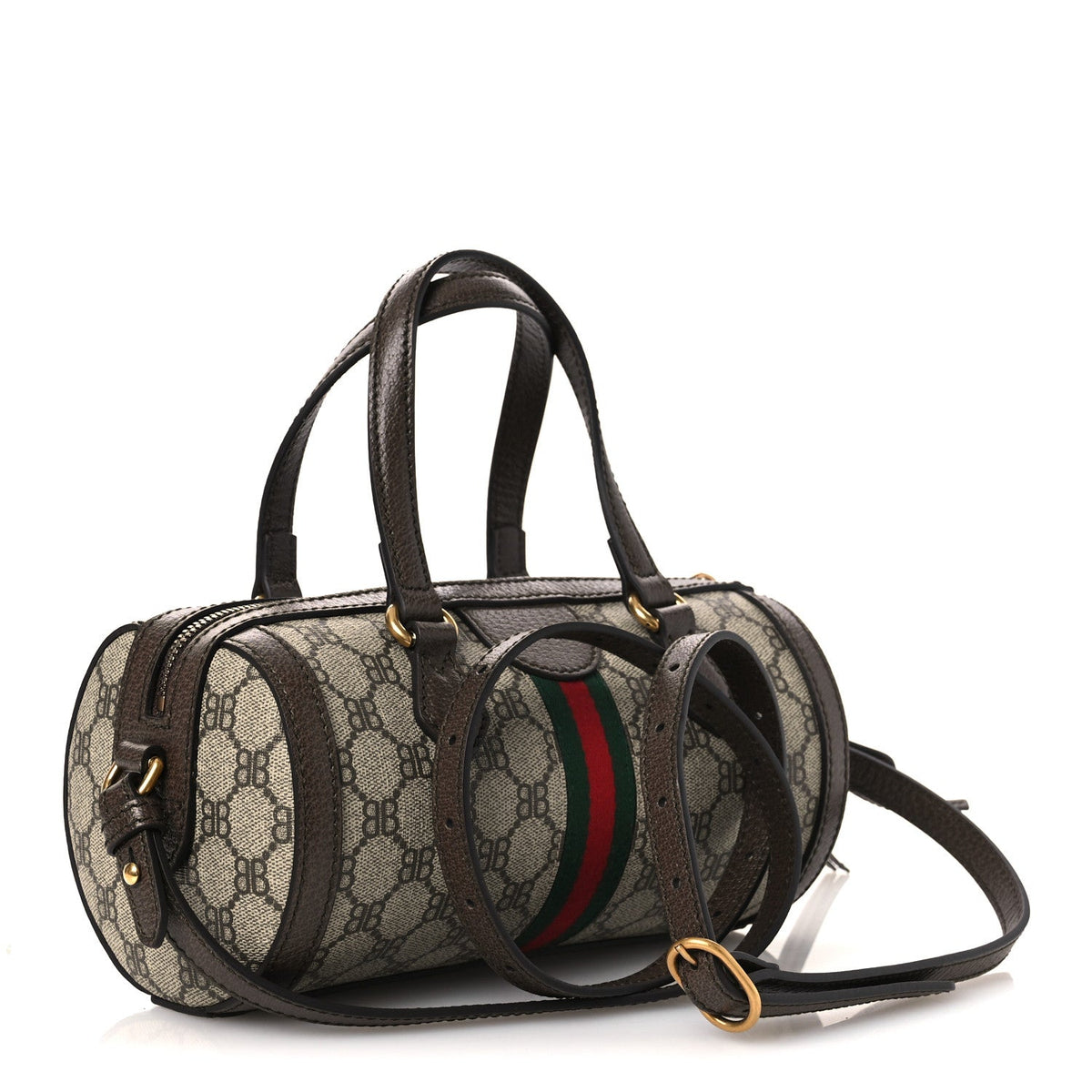 X BALENCIAGA BB Supreme Monogram Web Small Ophidia Boston Bag Beige New Acero