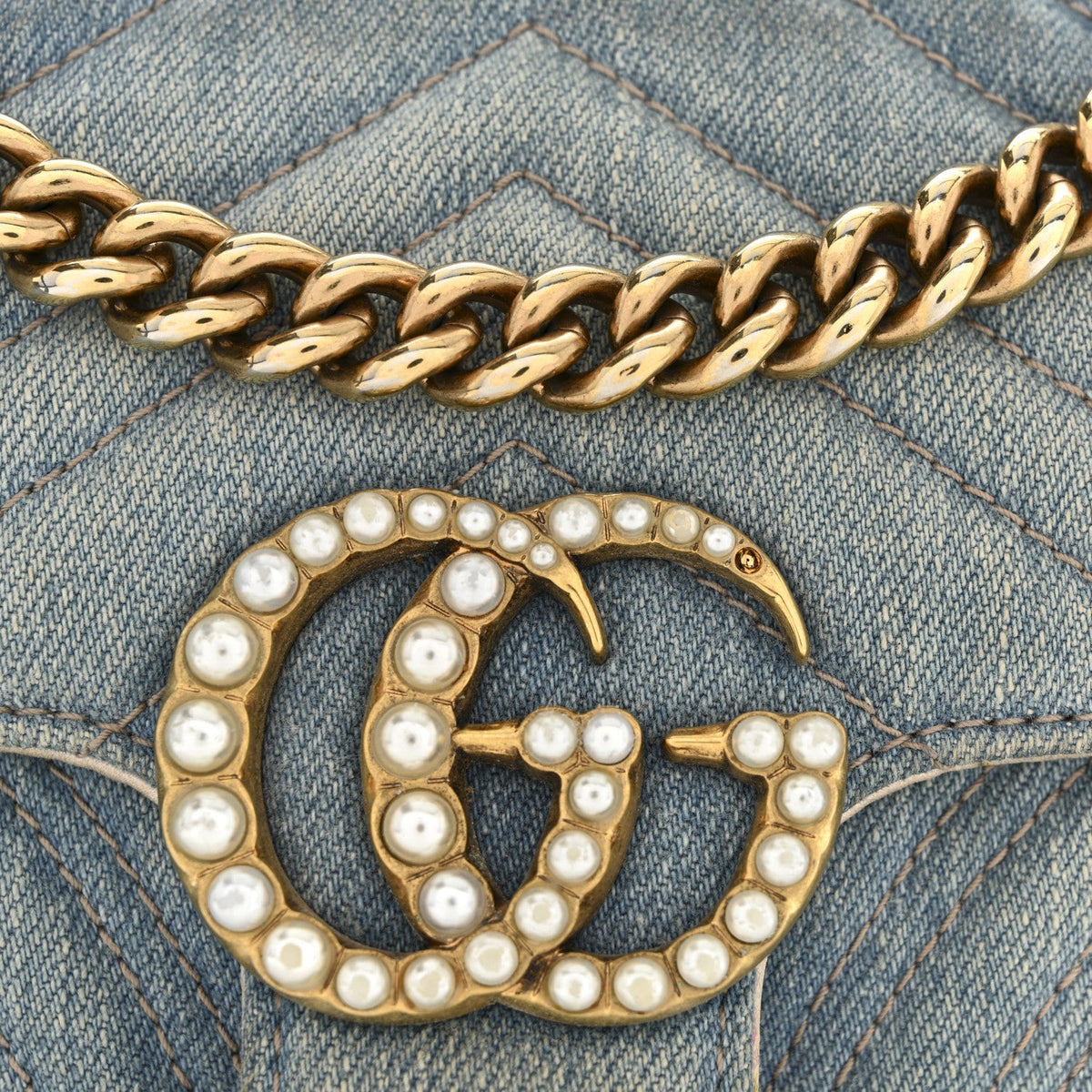 Denim Matelasse Mini Pearly GG Marmont Shoulder Bag Blue