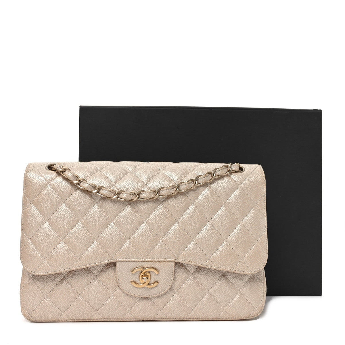 Iridescent Caviar Quilted Jumbo Double Flap Beige