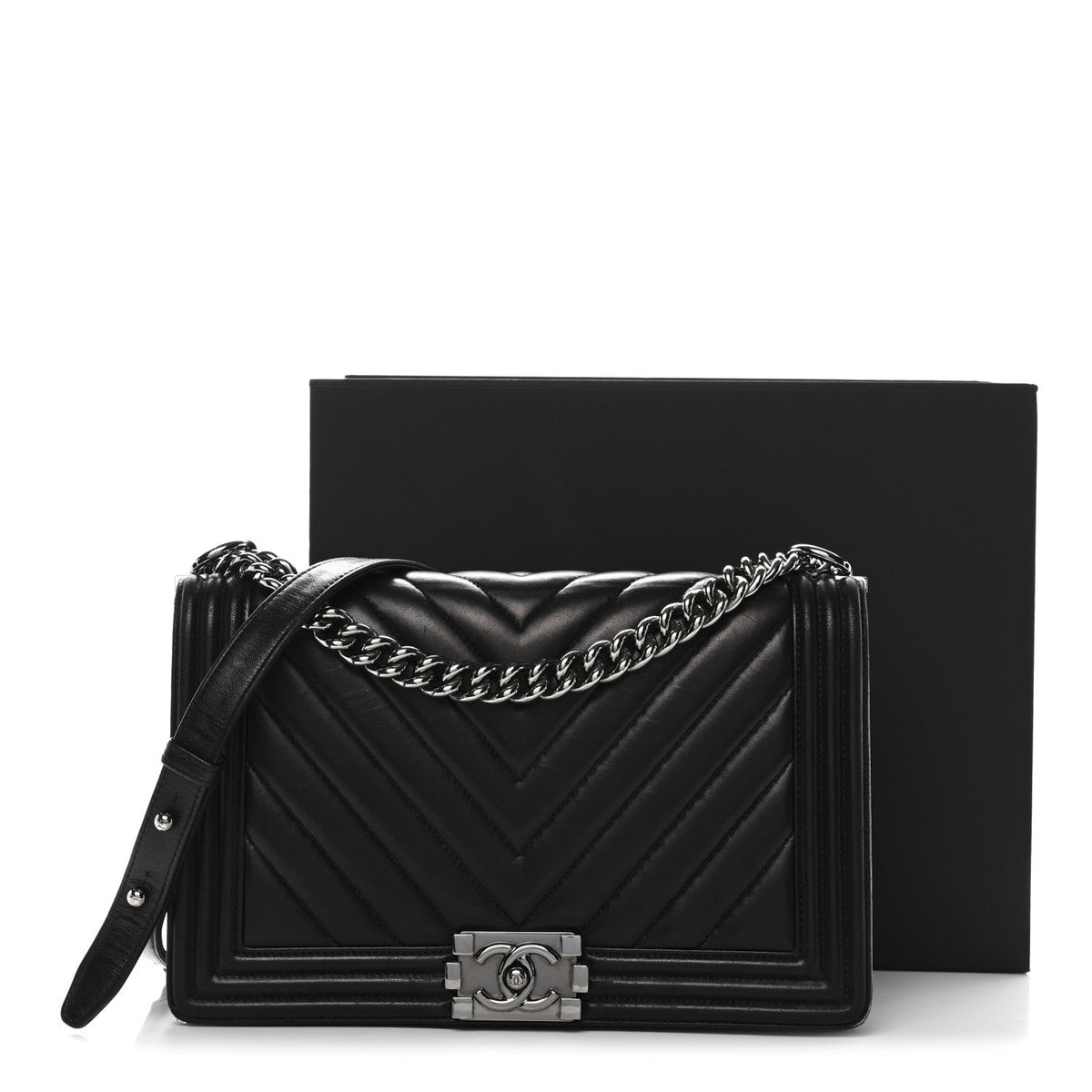 Calfskin Chevron Quilted New Medium Boy Flap Black