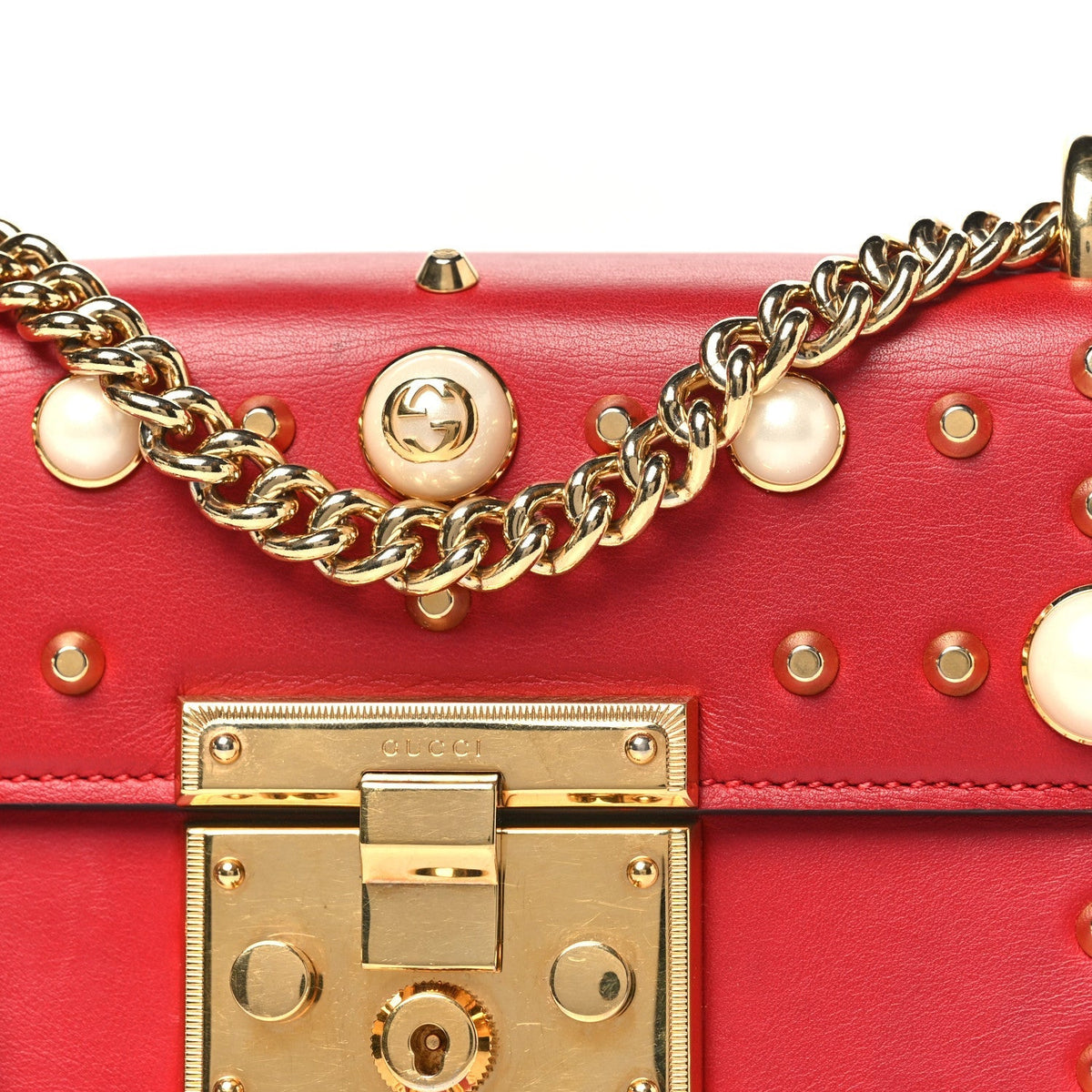Calfskin Studded Small Padlock Shoulder Bag Hibiscus Red