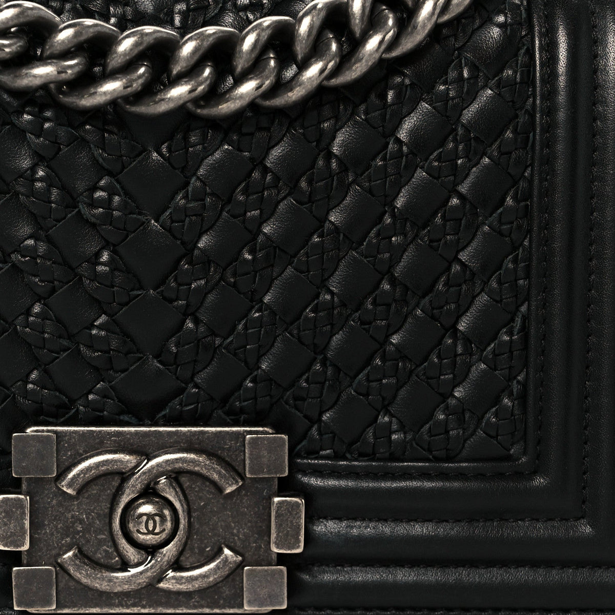 Lambskin Braided Woven Small Boy Flap Black