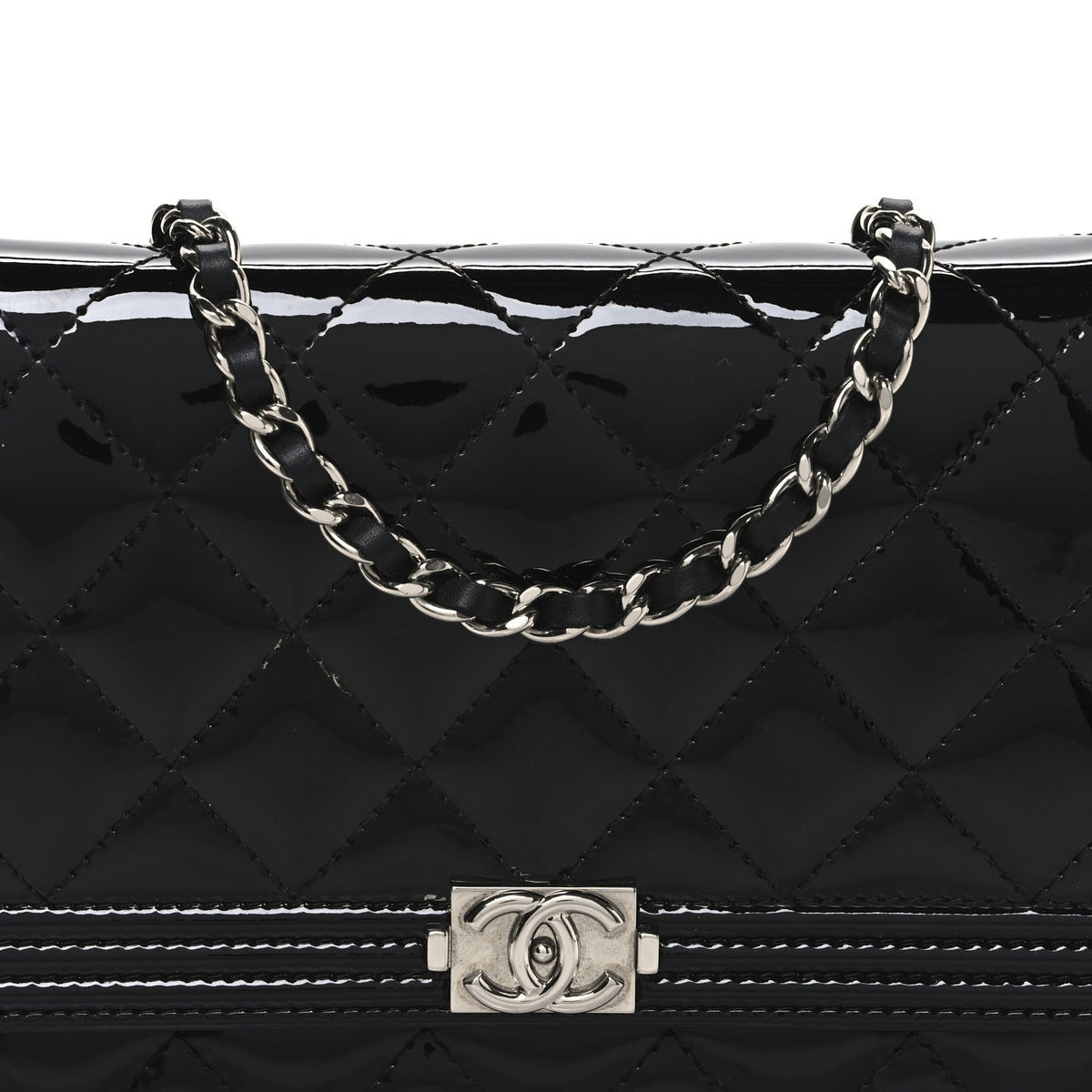 Patent Calfskin Quilted Boy Wallet On Chain WOC Black