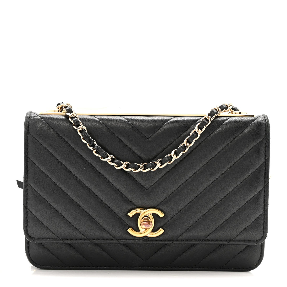 Lambskin Chevron Quilted Trendy CC Wallet On Chain WOC Black