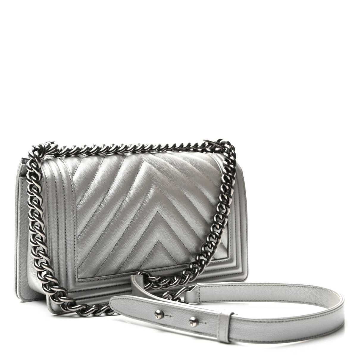 Metallic Caviar Chevron Quilted Medium Boy Flap Silver