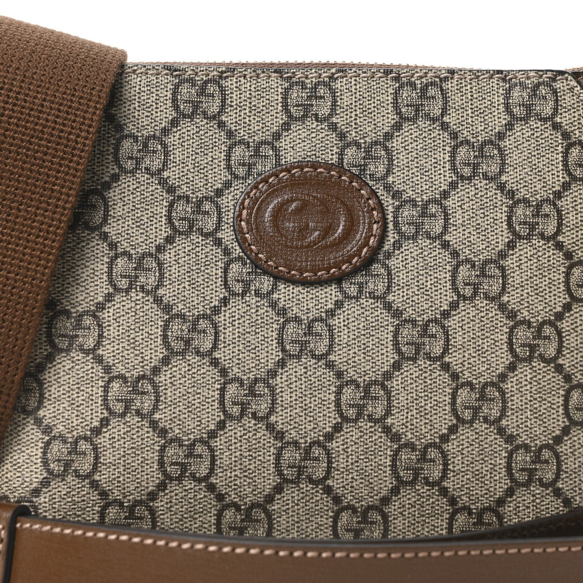 GG Supreme Monogram Azalea Calfskin Small Retro Interlocking G Wristlet Messenger Bag Beige Ebony Brown Sugar